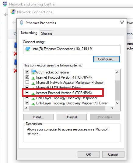 Ethernet Properties window with Internet Protocol Version 6 highlighted.