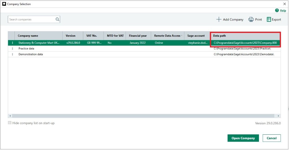 Company Selection window showing the Data path.