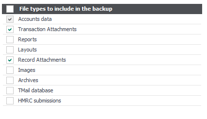 File types to include in the backup window with Accounts data, Transaction Attachments and Record Attachments ticked.